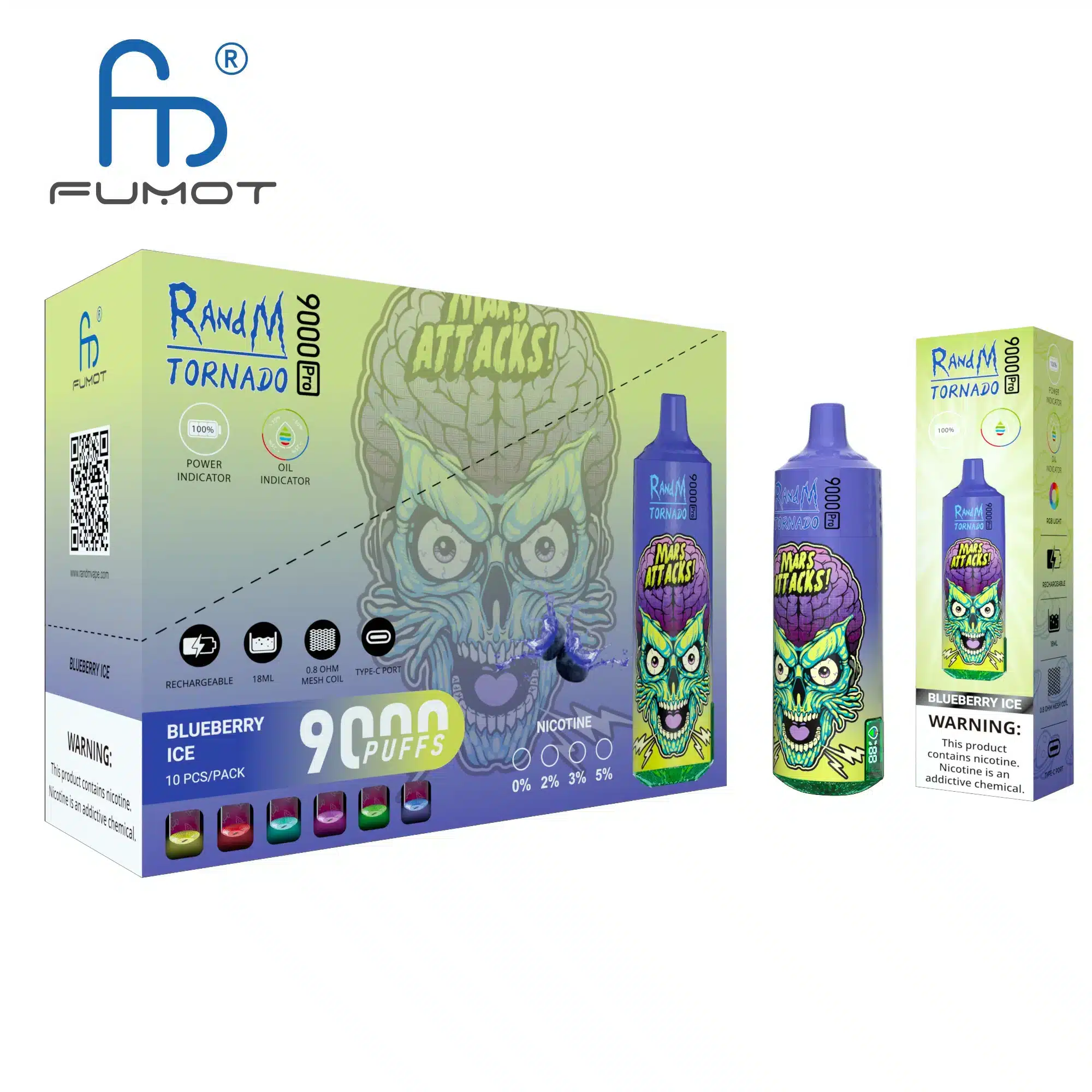 RandM_Tornado_9000_Pro_puffs_00003.webp Colorful vape product packaging, Mars Attacks graphic.