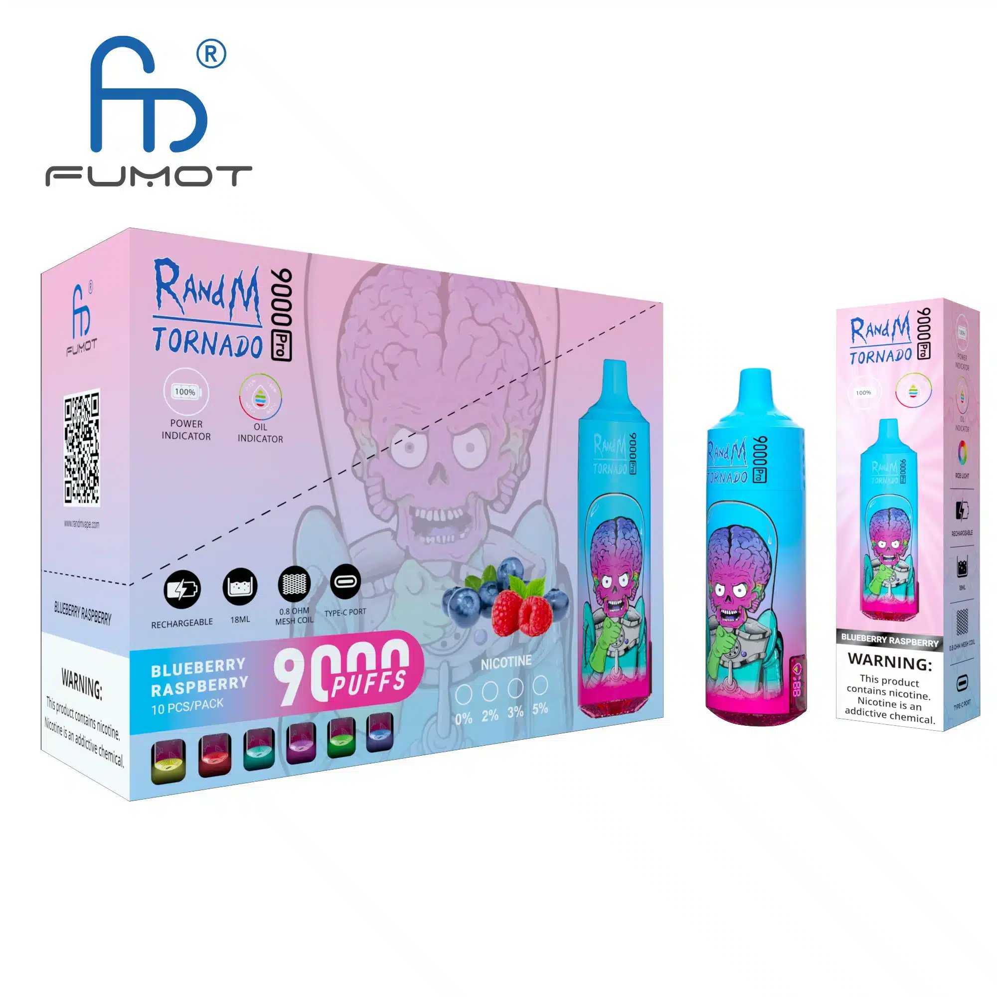 RandM_Tornado_9000_Pro_puffs_00004.webp Disposable vape packaging, blueberry raspberry flavor.