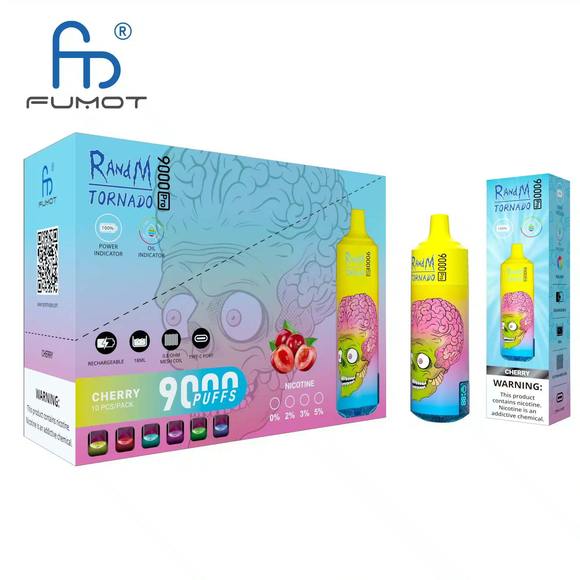 RandM_Tornado_9000_Pro_puffs_00005.webp Cherry flavored vape product packaging with cartoon design.