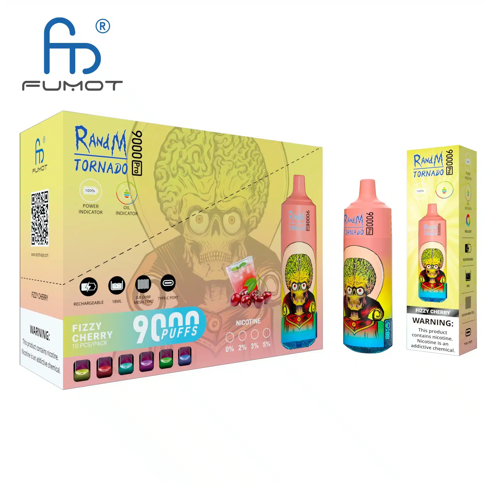 RandM_Tornado_9000_Pro_puffs_00006.webp Fizzy Cherry Tornado vape packaging with cartoon design.