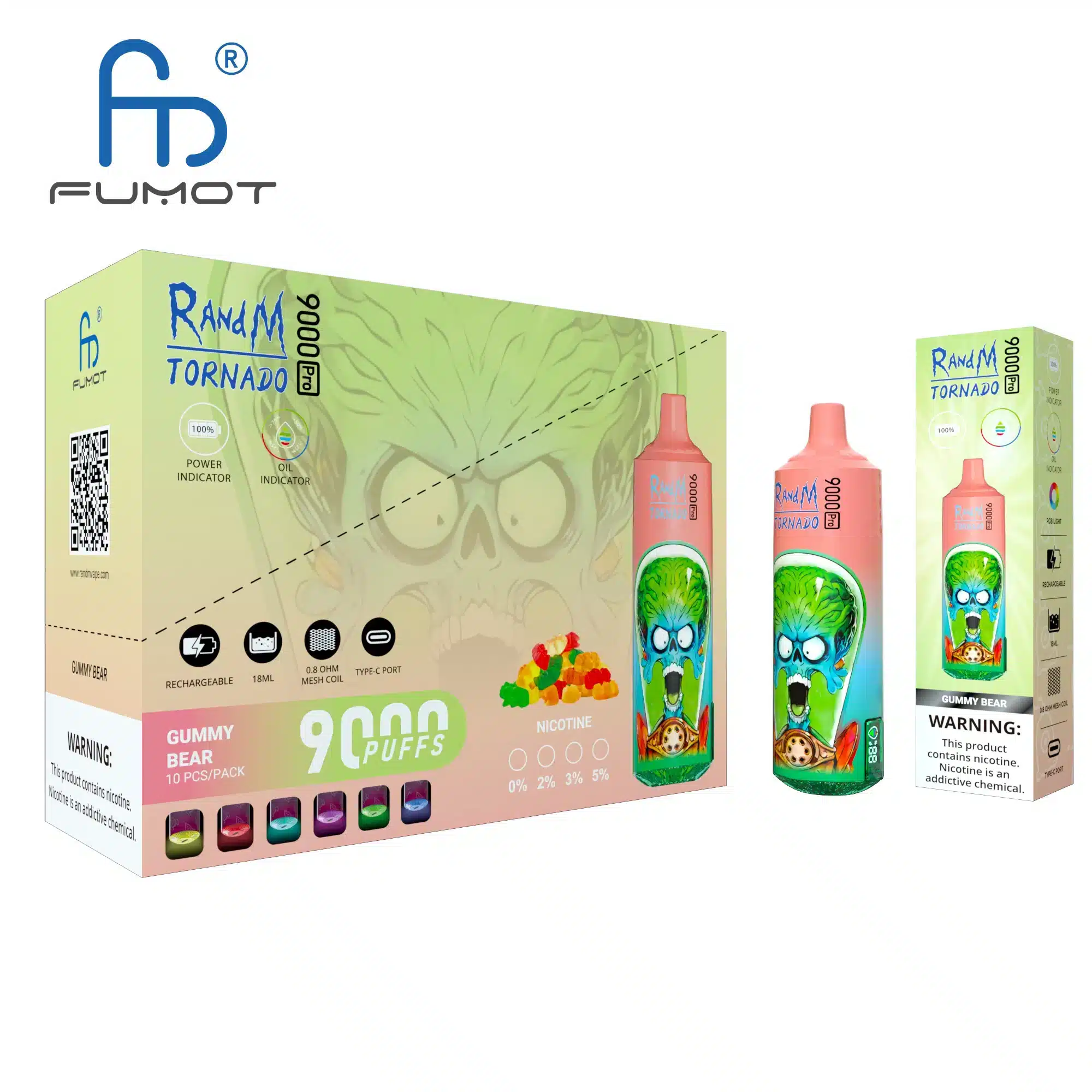 RandM_Tornado_9000_Pro_puffs_00007.webp Random Tornado vape packaging with gummy bear flavor.