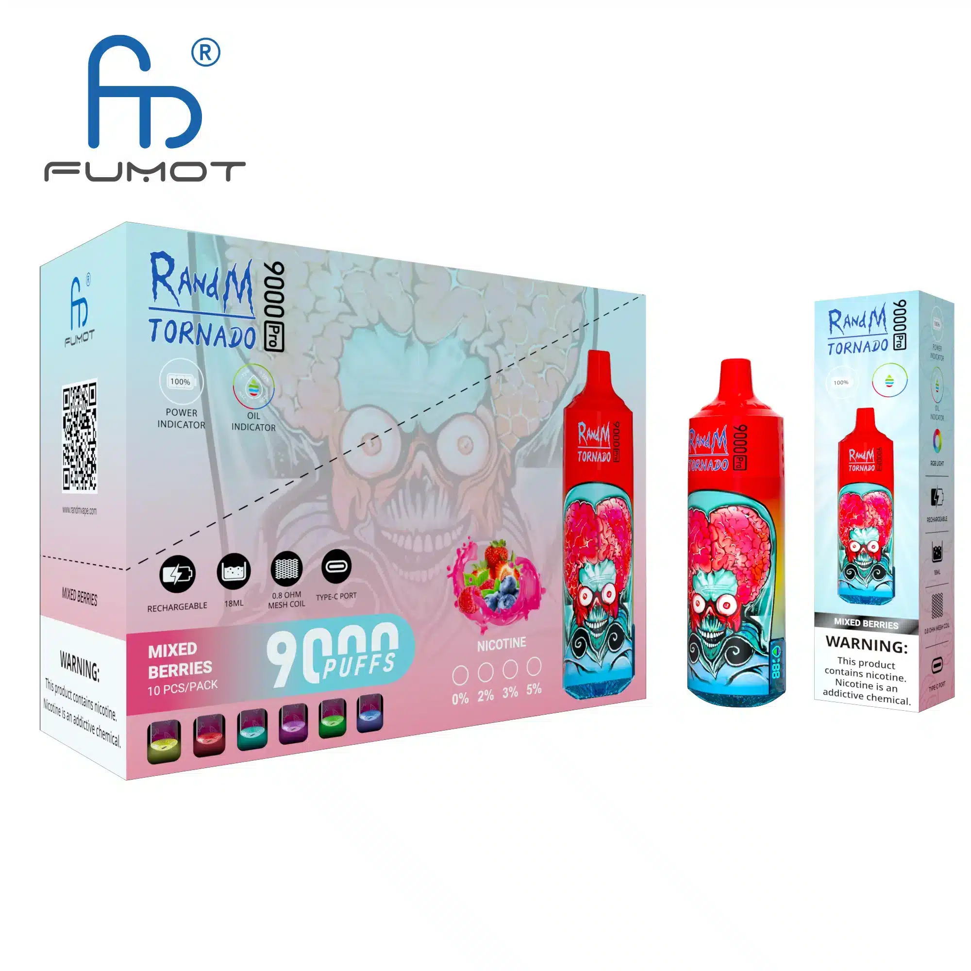 RandM_Tornado_9000_Pro_puffs_00009.webp Mixed berries vape product packaging with 9000 puffs.