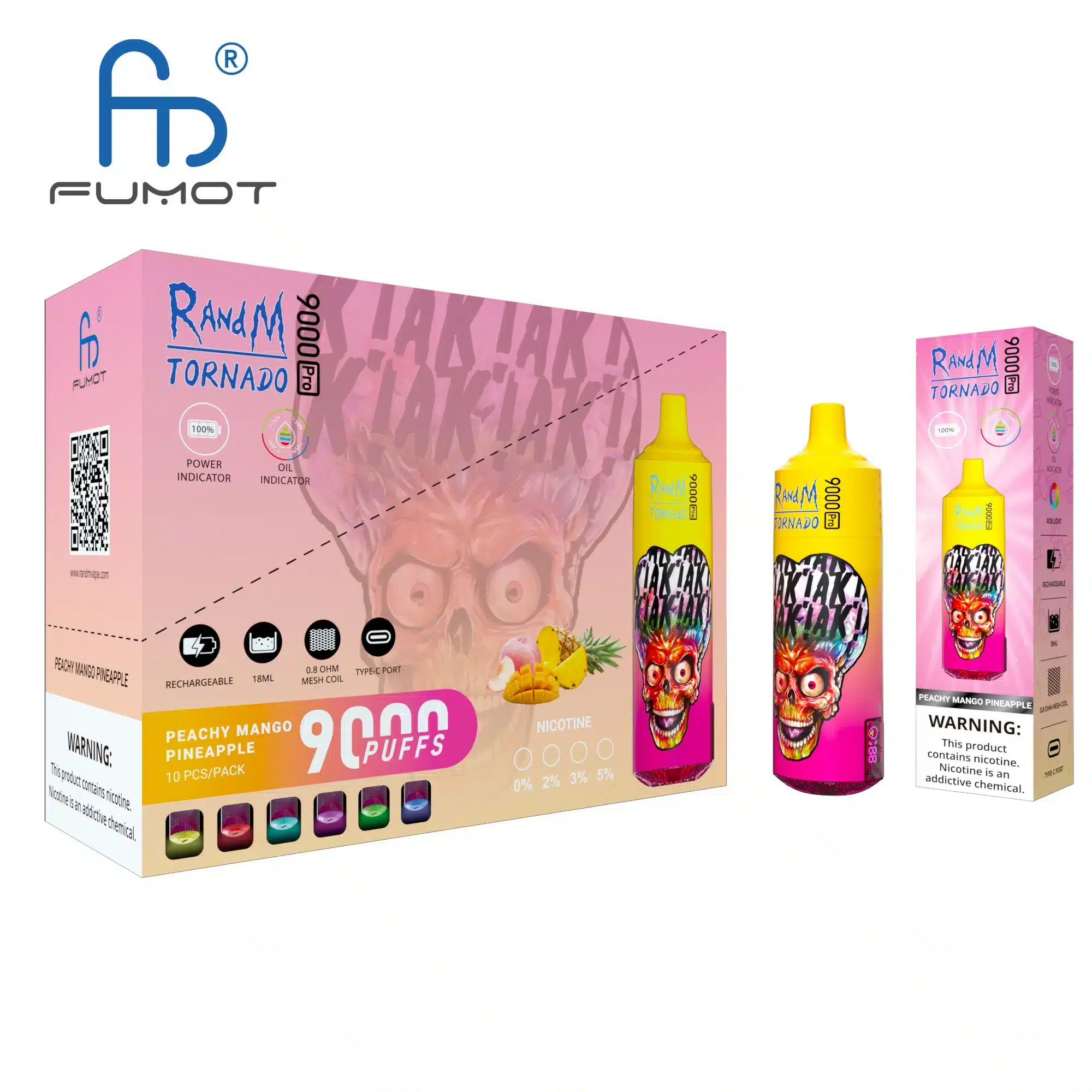 RandM_Tornado_9000_Pro_puffs_00011.webp Fumot vape packaging, 9000 puffs, peachy mango pineapple.