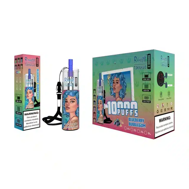 Randm_Tornado_10k_PLU_Spuffs_00002.webp Vape packaging with blueberry bubblegum flavor.