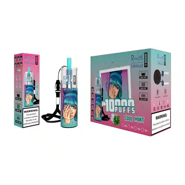 Randm_Tornado_10k_PLU_Spuffs_00004.webp Vape product with colorful packaging and warning label.