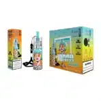 Vape product with colorful packaging and warning label.