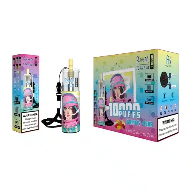 Randm_Tornado_10k_PLU_Spuffs_00007.webp Gummy bear flavored vape packaging, 10,000 puffs.