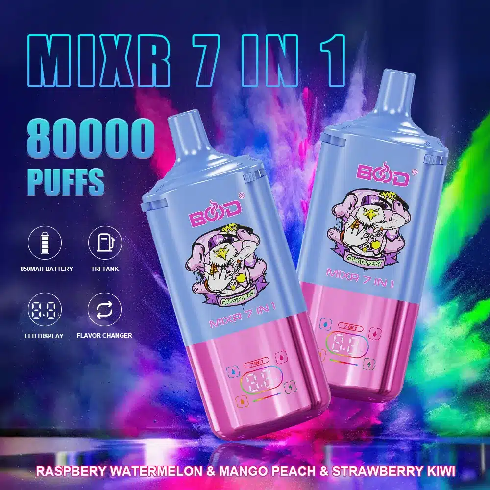 Raspbery-watermelon-Mango-peach-Strawberry-kiwi-Raspbery-watermelon-Mango-peach-Strawberry-kiwi- BOD Mixr 7-in-1 vape, 80000 puffs advertised.