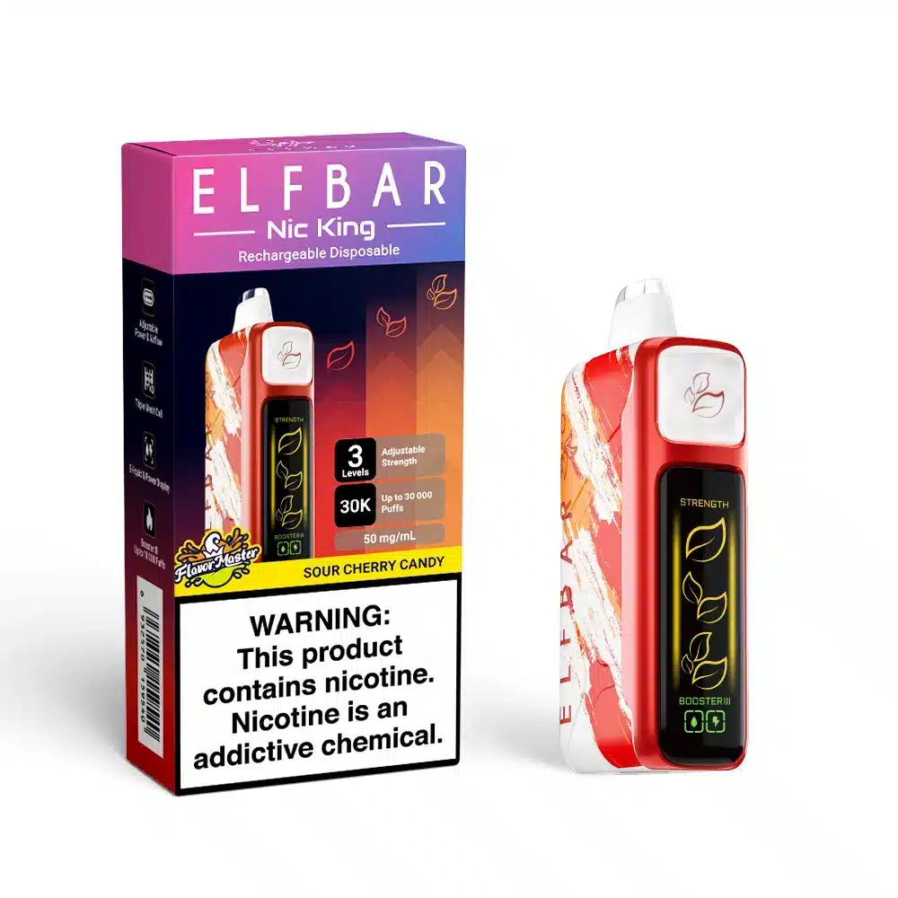 SourCherryCandy-d0d8 Elf Bar vape, sour cherry candy flavor, nicotine warning.