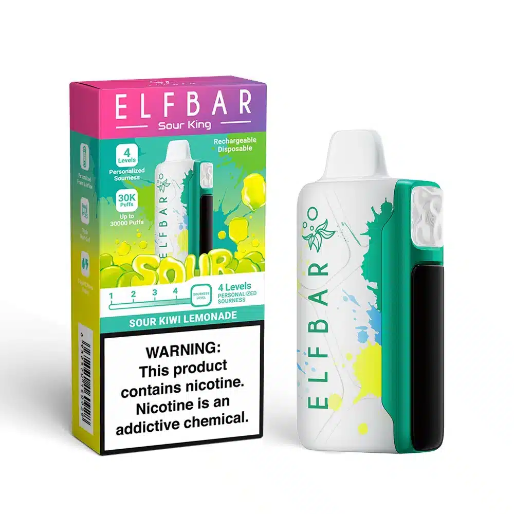 SourKiwiLemonade-1116 Elf Bar Sour Kiwi Lemonade vape box and device.