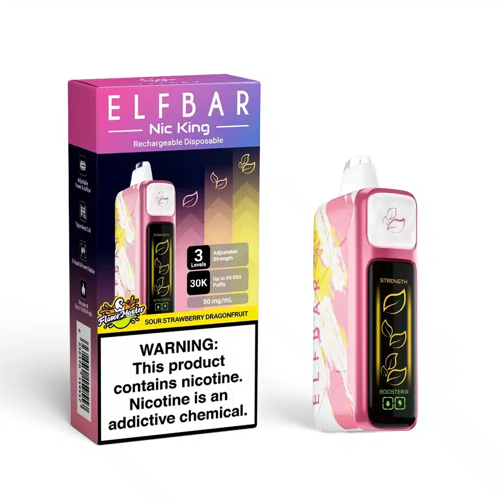 SourStrawberryDragonfruit-7f65 Elfbar Nic King disposable vape packaging.