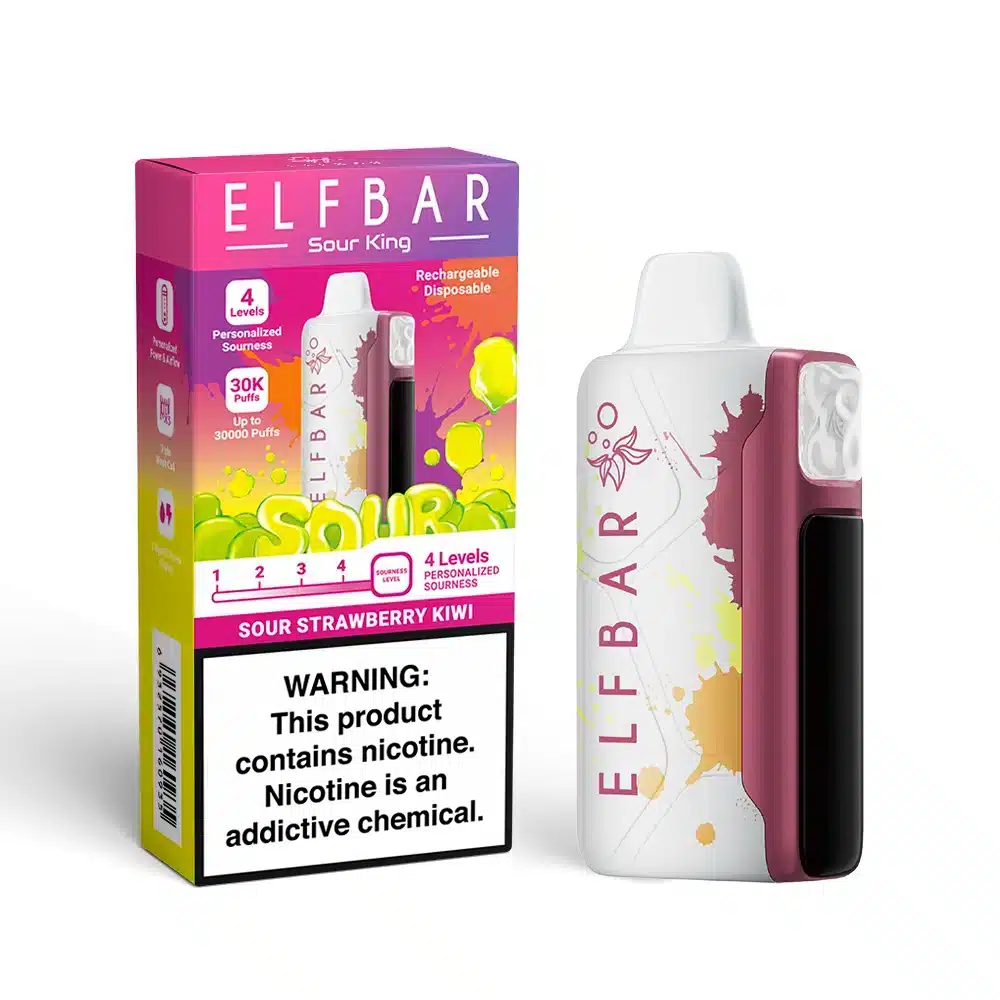 SourStrawberryKiwi-a01e Elf Bar Sour King vape packaging with warning label.