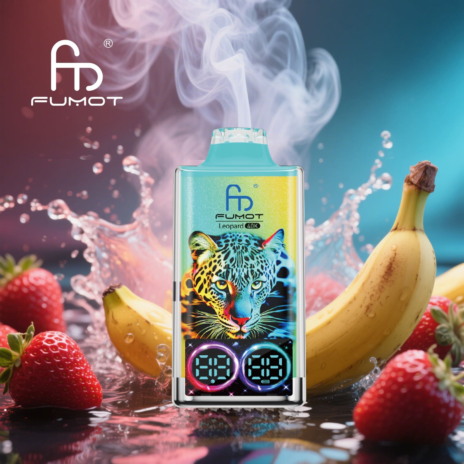 Strawberry-Banana.jpg Fumot vape with leopard design, fruit in background.