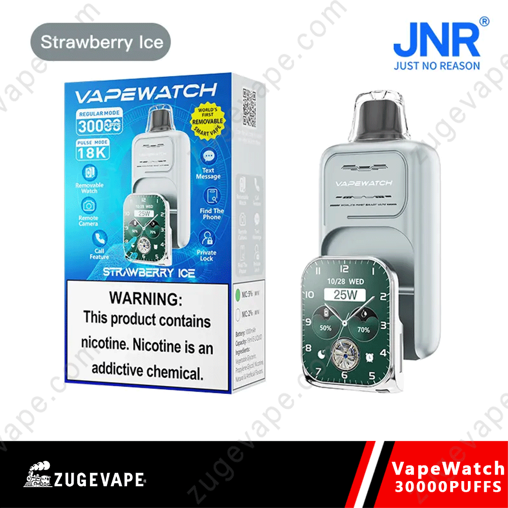 Fragola-ghiaccio-JNR-VapeWatch-30K.png VapeWatch with nicotine warning, Strawberry Ice flavor.