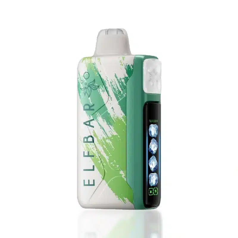 StrawberrykiwiIceElfbarIceKing30000Vape-50mgNicotine30kPuffs Green and white vape device with digital display.