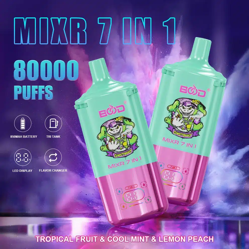 Tropical-fruit-cool-mint-Lemon-peach Mixr 7-in-1 vape, tropical flavors, 80000 puffs.