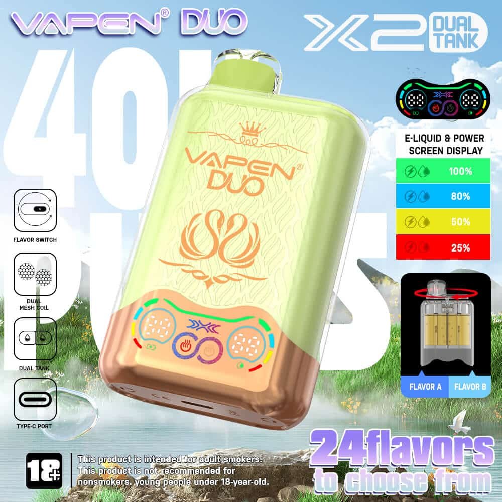 VAPEN-DUO-Twins-40000-Puffs-Disposable-Vape-40K-Puff-2-x-20000-Flavors-in-1-Dual-Pod-Mesh-Coil-Smart-Display-Screen-EU-Warehouse-Vapsolo-Triple-30000-3.jpg Vapen Duo vape with dual tank and flavor options.