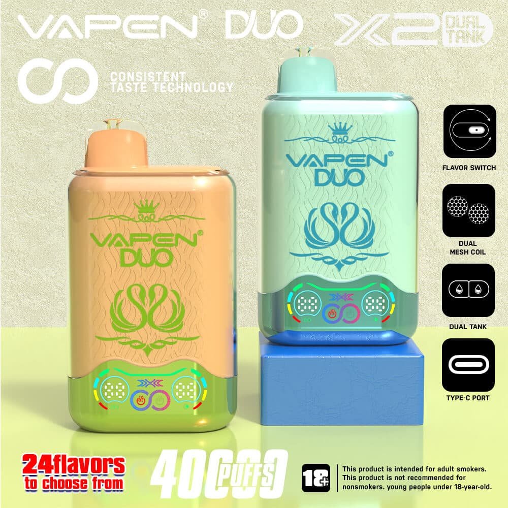 VAPEN-DUO-Twins-40000-Puffs-Disposable-Vape-40K-Puff-2-x-20000-Flavors-in-1-Dual-Pod-Mesh-Coil-Smart-Display-Screen-EU-Warehouse-Vapsolo-Triple-30000-6.jpg Vape pen ad showcasing dual tanks and 24 flavors.