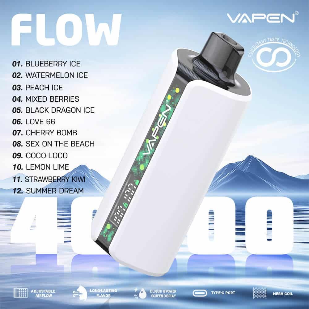 VAPEN-FLOW-40000-40K-Puffs-Disposable-Vape-EU-Warehouse-Fast-Shipping-Vaper-Puff-Happ-Bar-SS36000-Vapsolo-Razz-Bar-JNR-Vaper-Electronic-Cigarette-Wholesale-50K-Vapers-2.jpg Vape flavors list with vibrant design and logo.