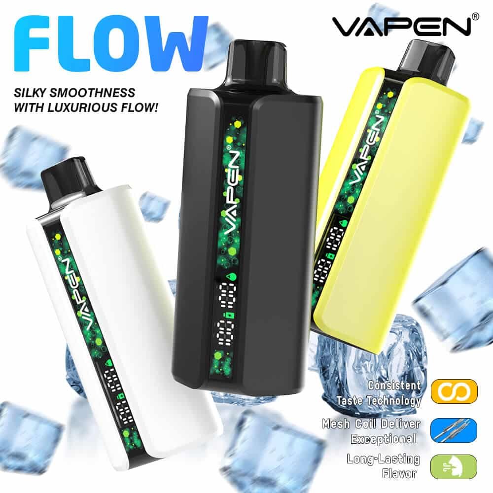 VAPEN-FLOW-40000-40K-Puffs-Disposable-Vape-EU-Warehouse-Fast-Shipping-Vaper-Puff-Happ-Bar-SS36000-Vapsolo-Razz-Bar-JNR-Vaper-Electronic-Cigarette-Wholesale-50K-Vapers-3.jpg Vapen Flow vape pens with ice cubes background.