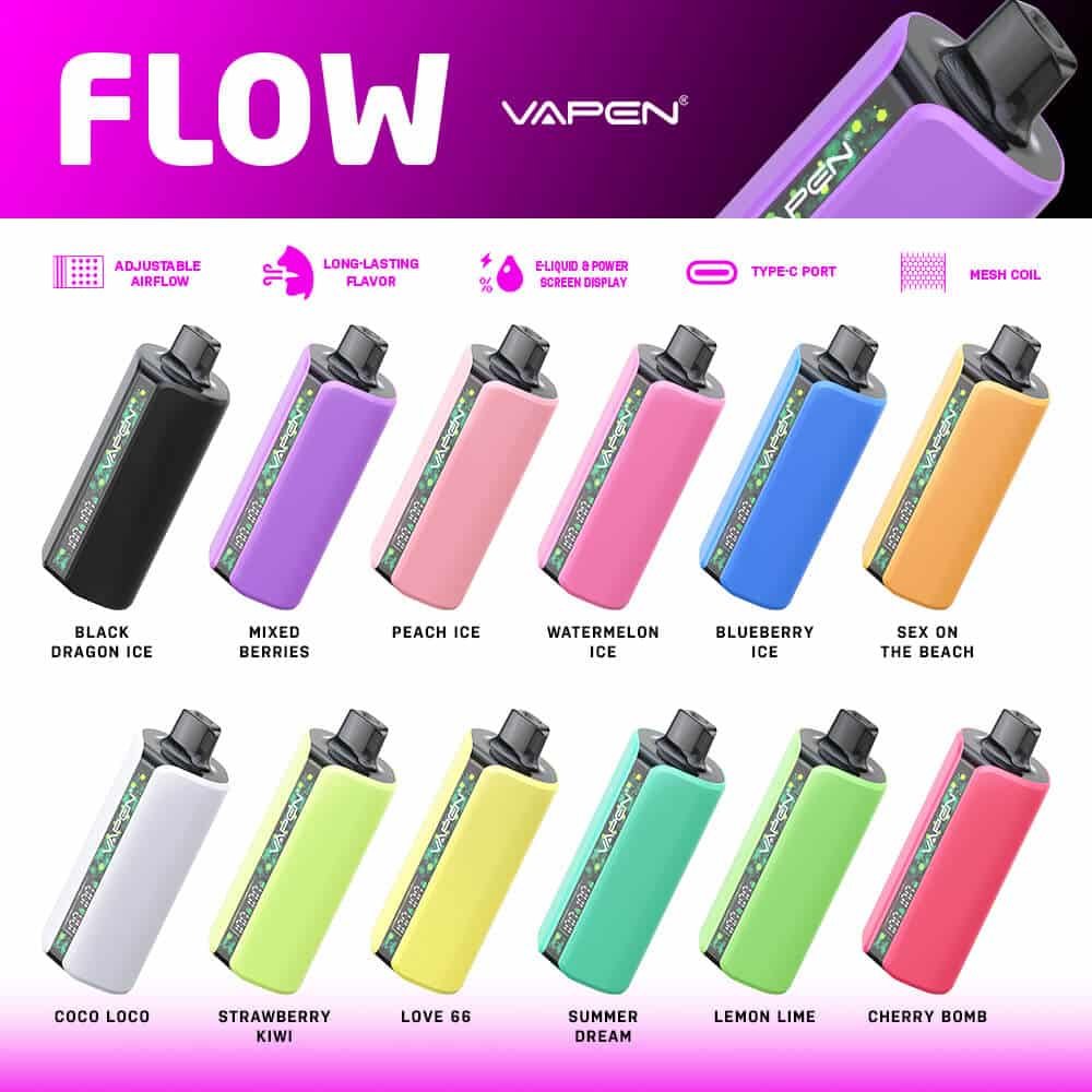 VAPEN-FLOW-40000-40K-Puffs-Disposable-Vape-EU-Warehouse-Fast-Shipping-Vaper-Puff-Happ-Bar-SS36000-Vapsolo-Razz-Bar-JNR-Vaper-Electronic-Cigarette-Wholesale-50K-Vapers-7.jpg Colorful VAPEN Flow vape flavors displayed.