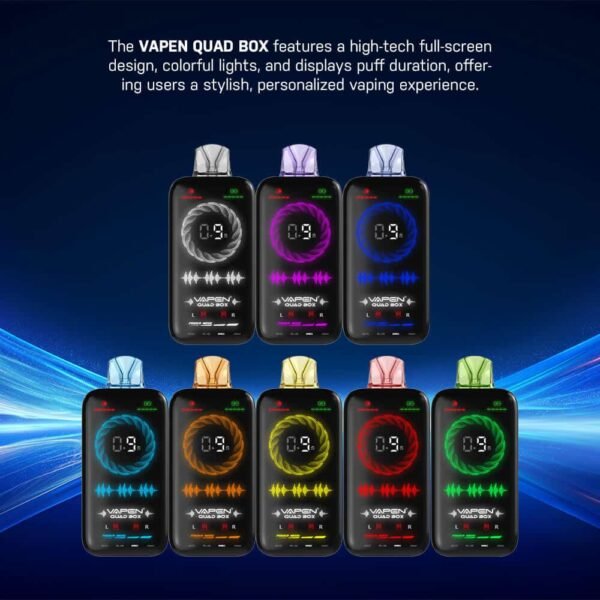Vapen Quad Box with colorful lights and display.