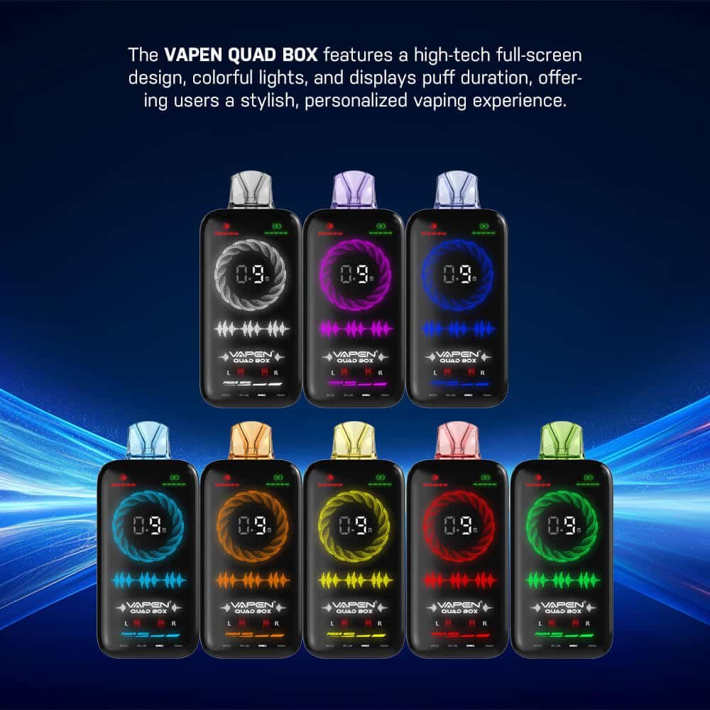 VAPEN-QUAD-BOX-20000-Puffs-Disposable-Vape-Full-Screen-Indicator-4-Level-Power-Adjustable-Vaping-Mode-Puff-Geekbar-Vplay-Vaper-2.jpg Vapen Quad Box with colorful lights and display.