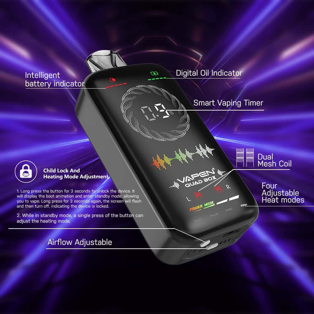 VAPEN-QUAD-BOX-20000-Puffs-Disposable-Vape-Full-Screen-Indicator-4-Level-Power-Adjustable-Vaping-Mode-Puff-Geekbar-Vplay-Vaper-4.jpg Vape device with features and digital display.