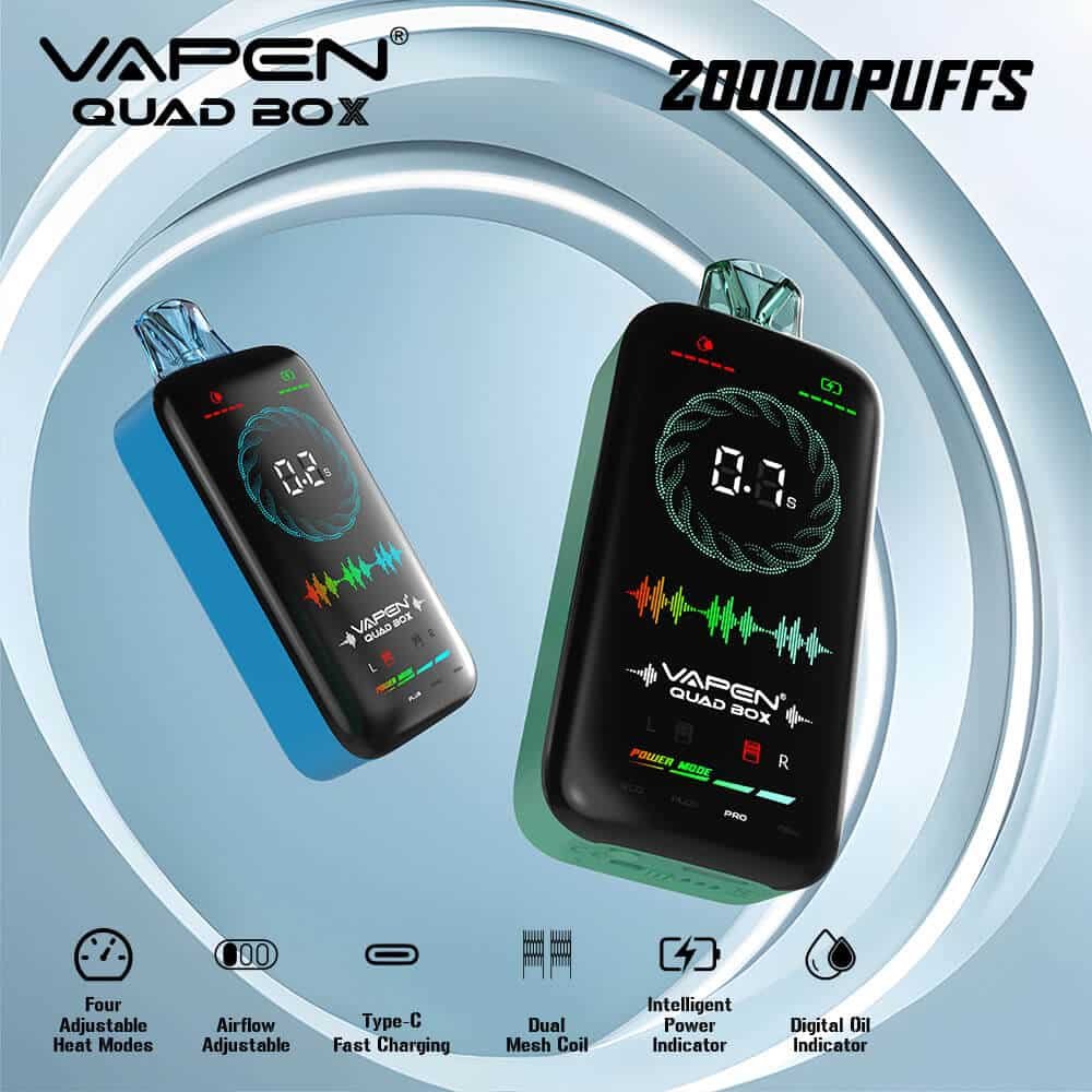 VAPEN-QUAD-BOX-20000-Puffs-Disposable-Vape-Full-Screen-Indicator-4-Level-Power-Adjustable-Vaping-Mode-Puff-Geekbar-Vplay-Vaper-7.jpg Vapen Quad Box with 20000 puffs device.