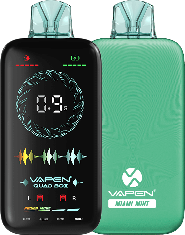 VAPEN-QUAD-BOX-20000-Puffs-Full-Screen-Power-Adjustable-Disposable-Vape-MIAMI-MINT.png Vapen Quad Box, digital display, green mint color.
