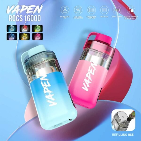 Vape devices in blue and pink, VAPEN ROCS 16000.