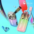 Colorful vaping devices with refill instructions.
