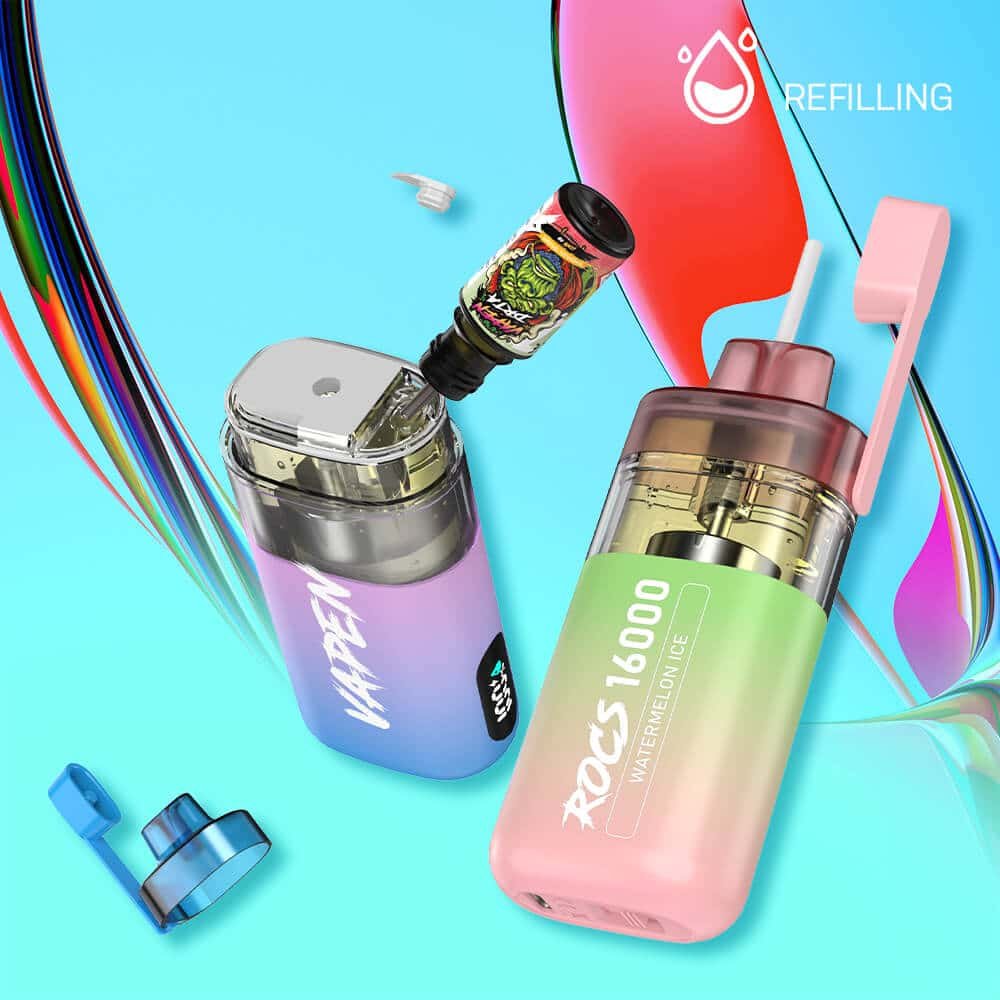 VAPEN-ROCS-PUFF-16K-16000-PUFFS-Disposable-Vape-Refillbale-OCS-Oil-Core-Separation-Vaposolo-Razz-Bar-Refilling-Tastfog-VOZOL-Vaper-Wape-6.jpg Colorful vaping devices with refill instructions.