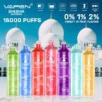 Variety of VAPEN shisha flavors in colorful bottles.