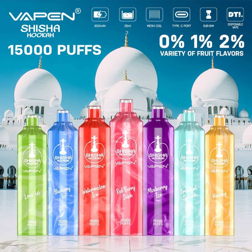 VAPEN-Shisha-Hookah-12000Puffs-DTL-Disposable-Vape-Sub-ohm-JNR-AL-FAKHER-Adalya-Huge-Vapor-E-Cigs-Electronic-Cigarettes-Wholesale-I-Vapes-large-clouds-6.jpg Variety of VAPEN shisha flavors in colorful bottles.