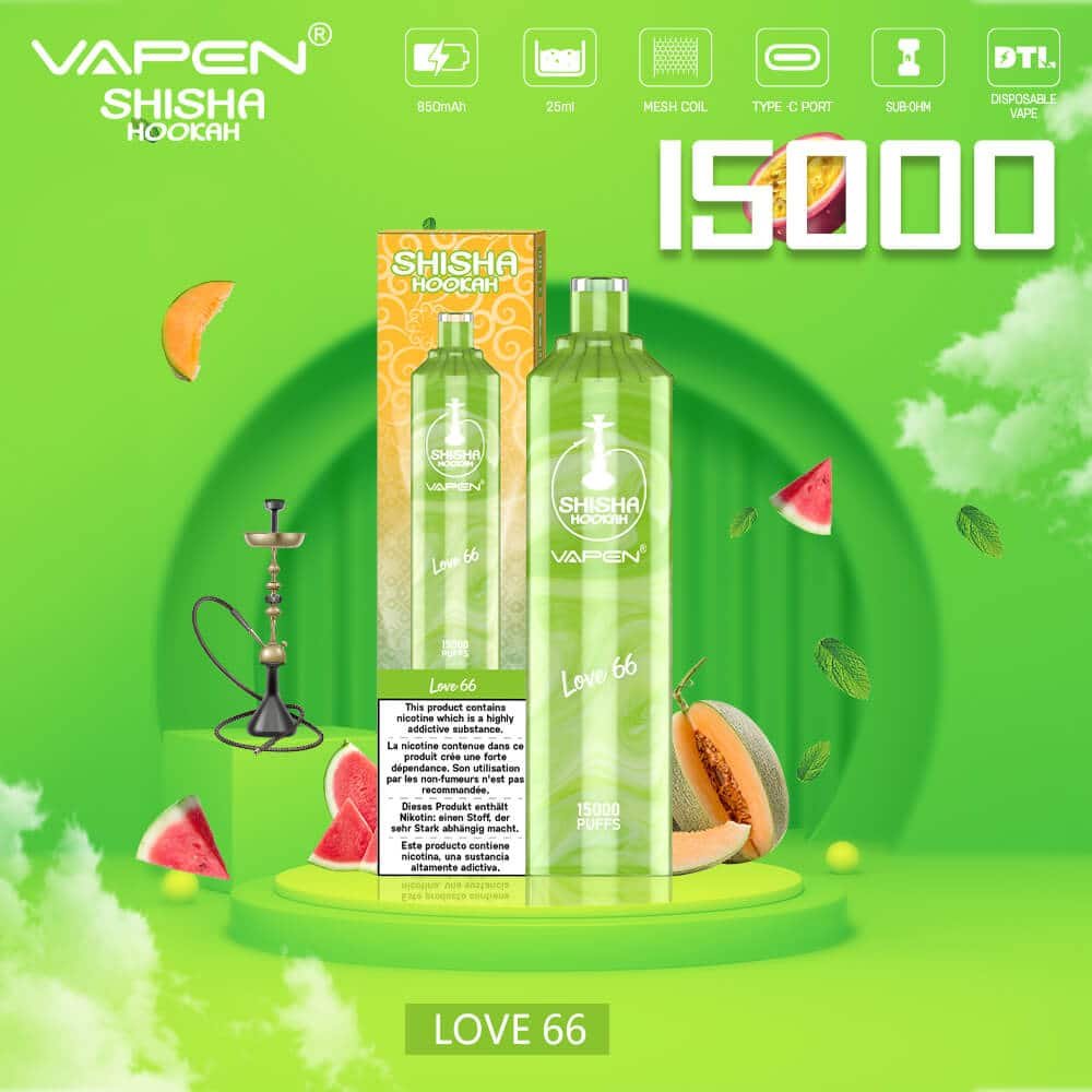 VAPEN-Shisha-Hookah-15000-15K-Puffs-DTL-Disposable-Vape-SubOhm-Coil-JNR-AL-FAKHER-Adalya-Vaper-Wape-Flavors-1.jpg Vapen Shisha Hookah, green Love 66 flavor packaging.