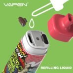 Vape device with liquid refilling illustration.