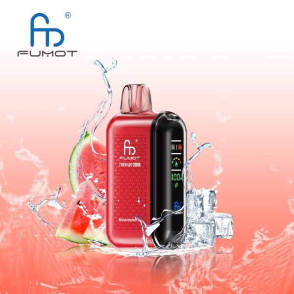Red vape device with watermelon and ice.
