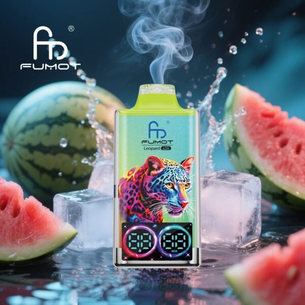 Colorful vape device with watermelon and ice cubes.