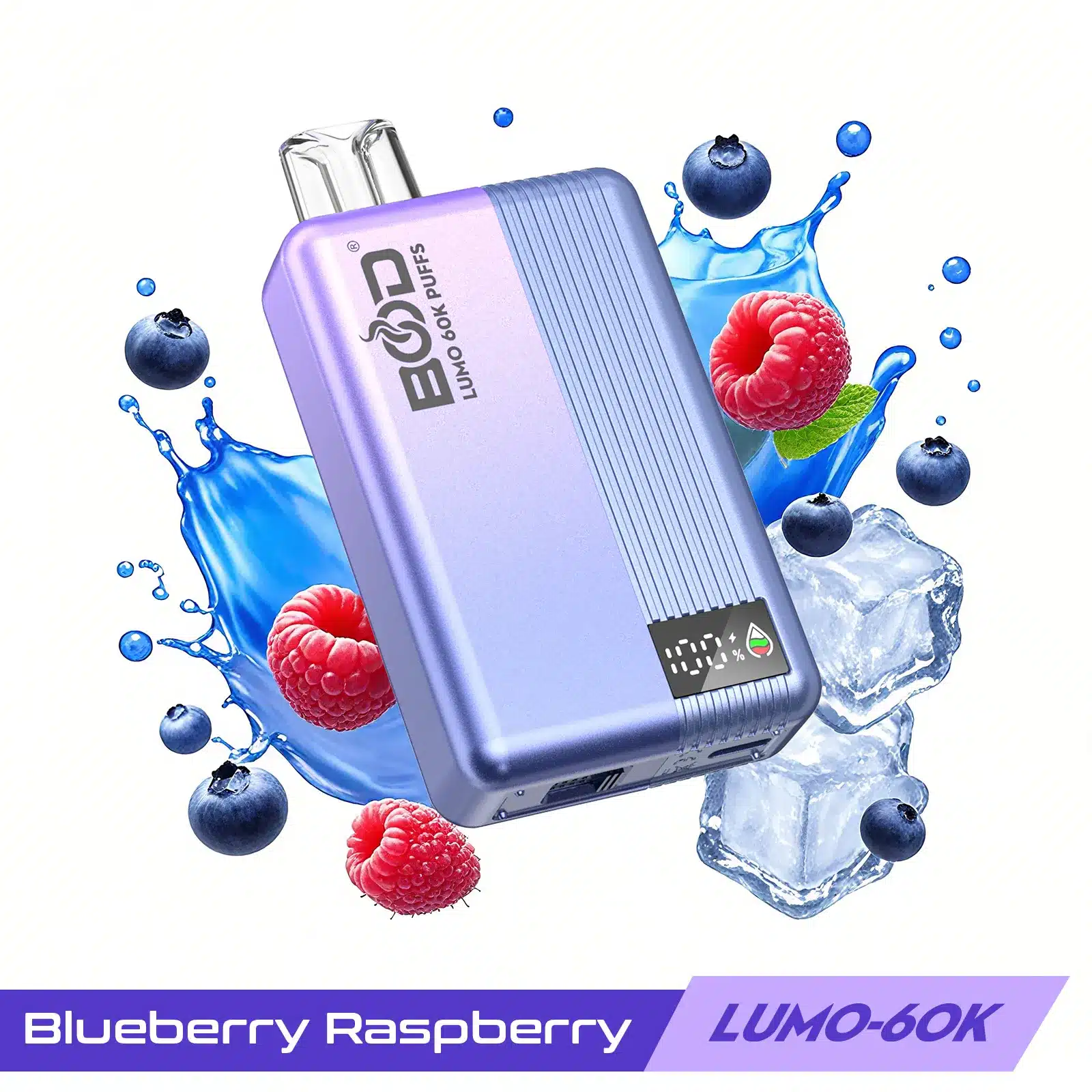 bood-lumo-60k-puff-vape-Blueberry-Raspberry Blueberry raspberry vape with ice and liquid splash.
