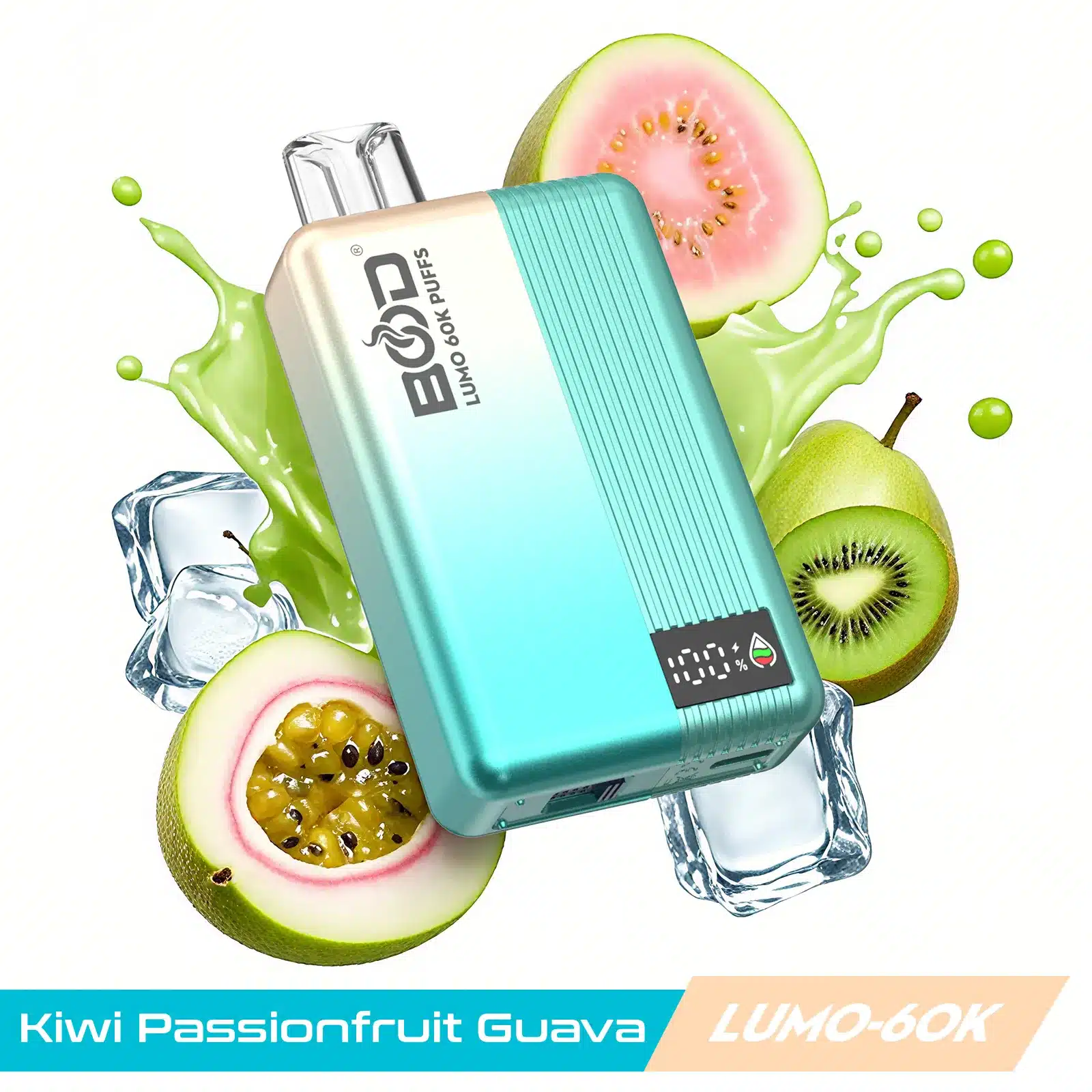 bood-lumo-60k-puff-vape-Kiwi-passionfruit-Guava LUMO-60K vape with kiwi, passionfruit, and guava flavor.
