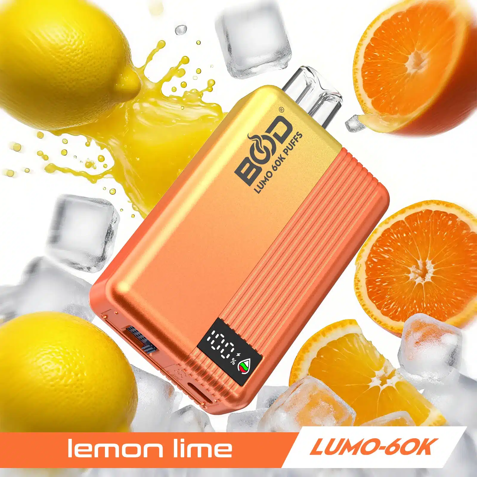 bood-lumo-60k-puff-vape-lemon-lime Colorful vape with lemon and orange slices.
