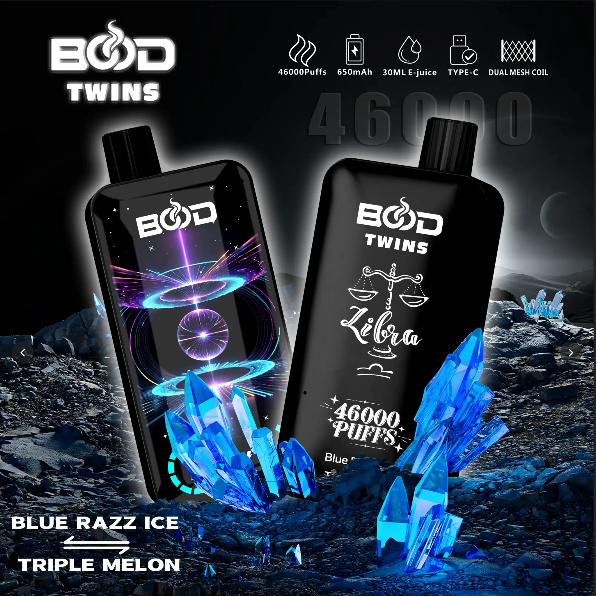 bood-twins-46000-puffs-BLUE-RAZZ-ICE-TRIPLE-MELON-2048x2048 BOD Twins vape with blue crystals, space theme