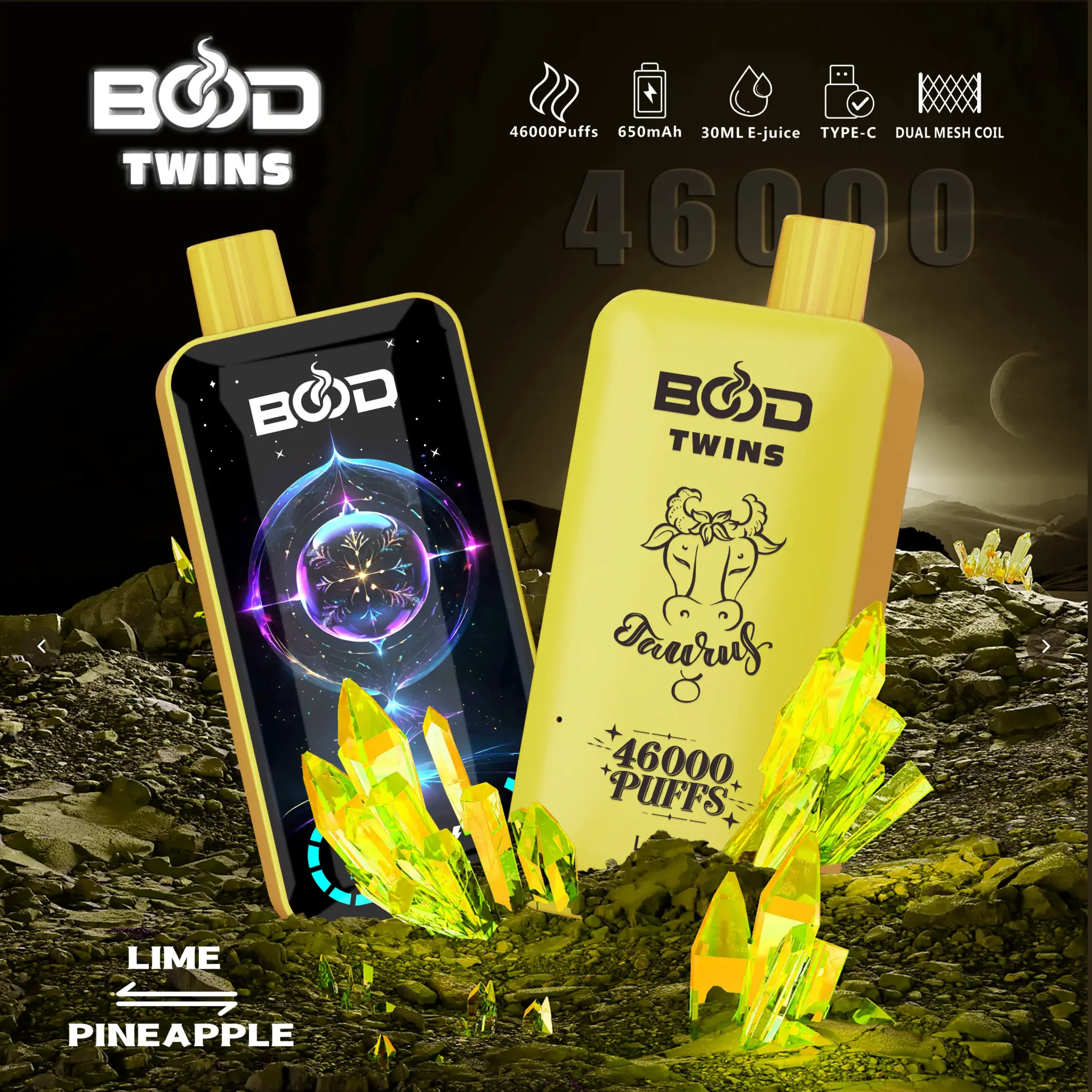 bood-twins-46000-puffs-Lime-Pineapple-2048x2048 BOD Twins vape device with crystal design.