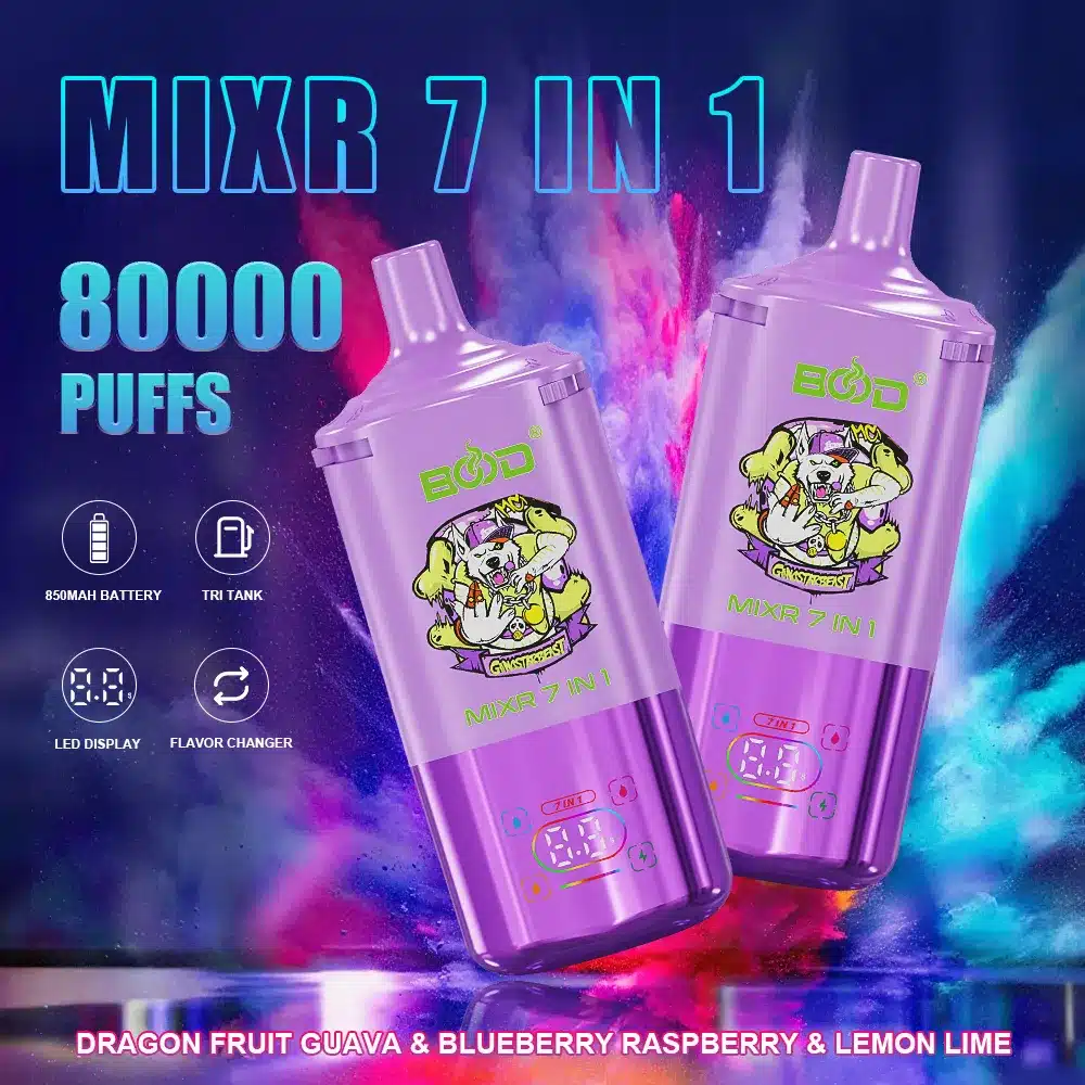 dragon-fruit-guava-Blueberry-raspberry-Lemon-lime Mixr 7-in-1 vape with fruit flavors.