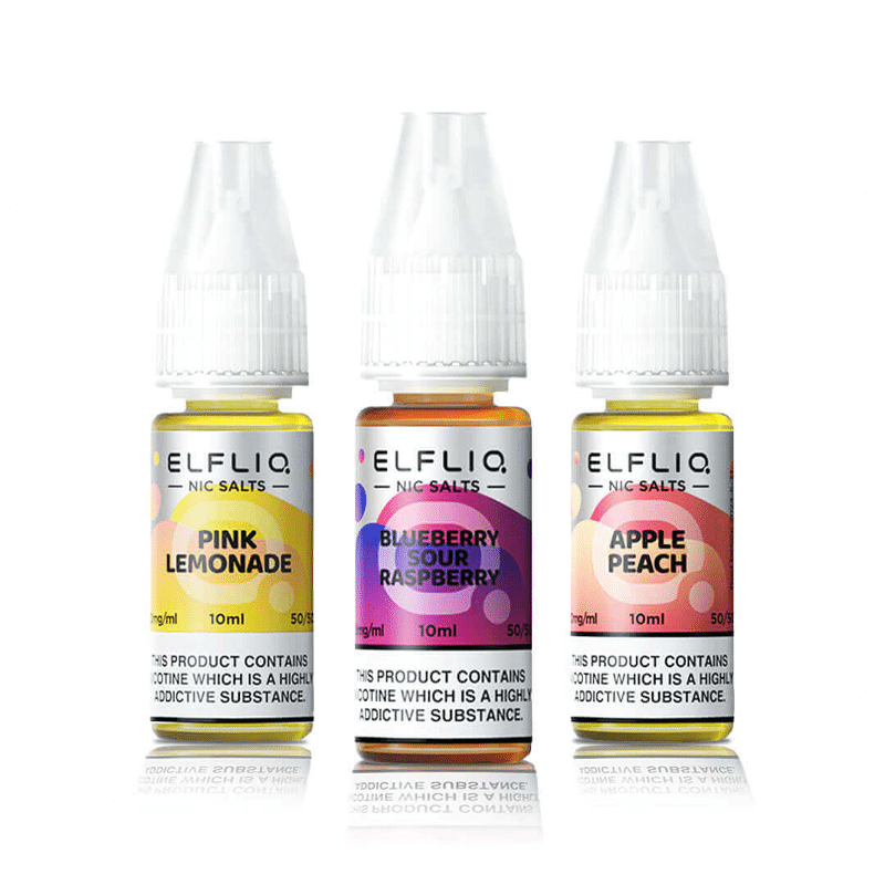 Three bottles of ELFLIQ Nic Salts flavors.