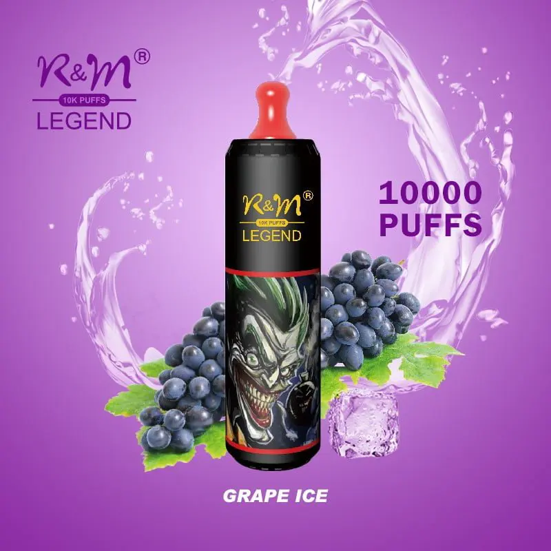 r-and-m-legend-disposable-vape_6.webp Purple vape device with grape and ice design.