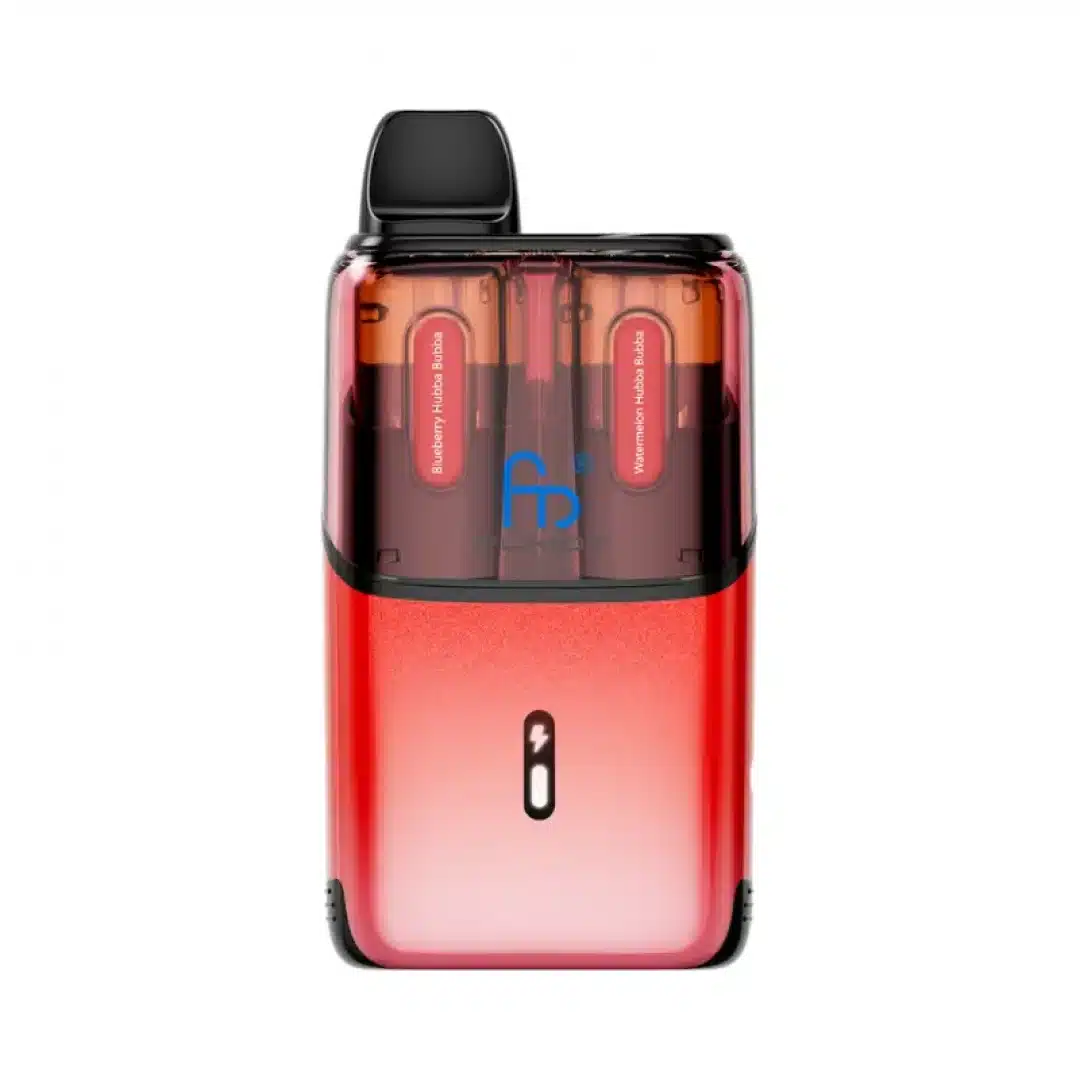 randm-fumot-t32000-ultra-2268-3236-1748863951 Red dual-flavor vape device with charging indicator.