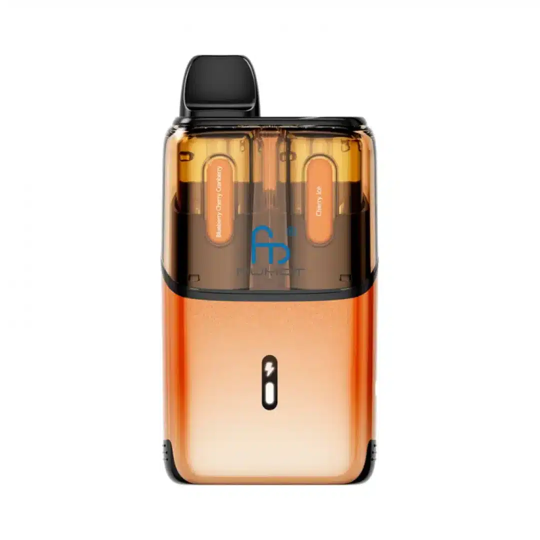 randm-fumot-t32000-ultra-6118-9790-1748863951 Orange vape device with transparent top view.