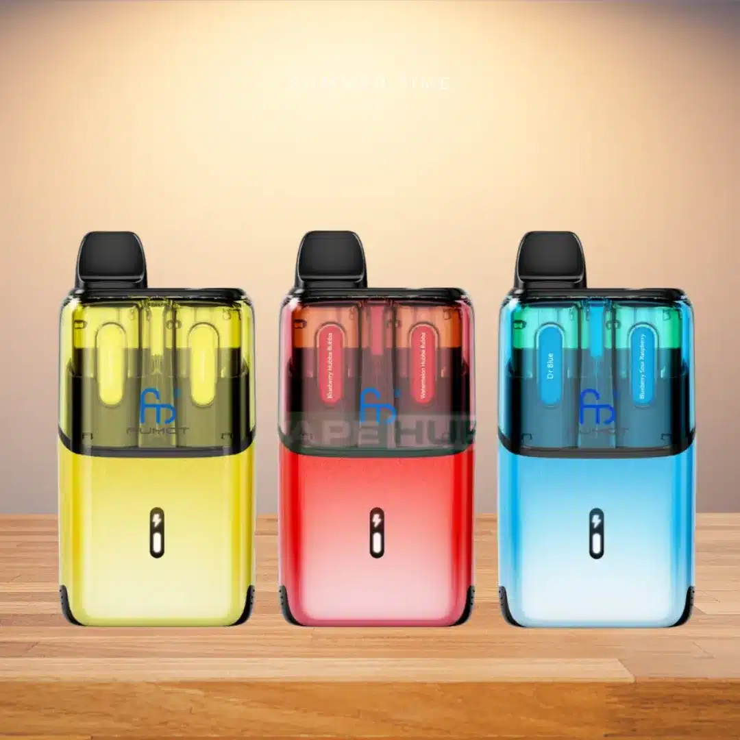 randm-fumot-t32000-ultra-9380-1274-1750053680 Three colorful vape devices on a wooden table.
